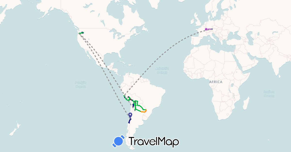 TravelMap itinerary: driving, bus, plane, train, hiking, boat, hitchhiking, collectivo, tuctuc in Argentina, Bolivia, Chile, Germany, France, Peru, Paraguay, United States (Europe, North America, South America)